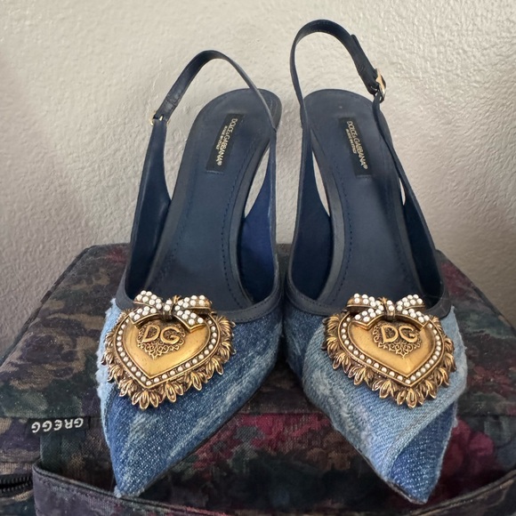 Dolce & Gabbana Denim and Gold Embellished Heels - Picture 1 of 7
